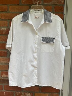 Vintage Talbots White Short Sleeve Button Down Shirt Black Check Trim Retro M